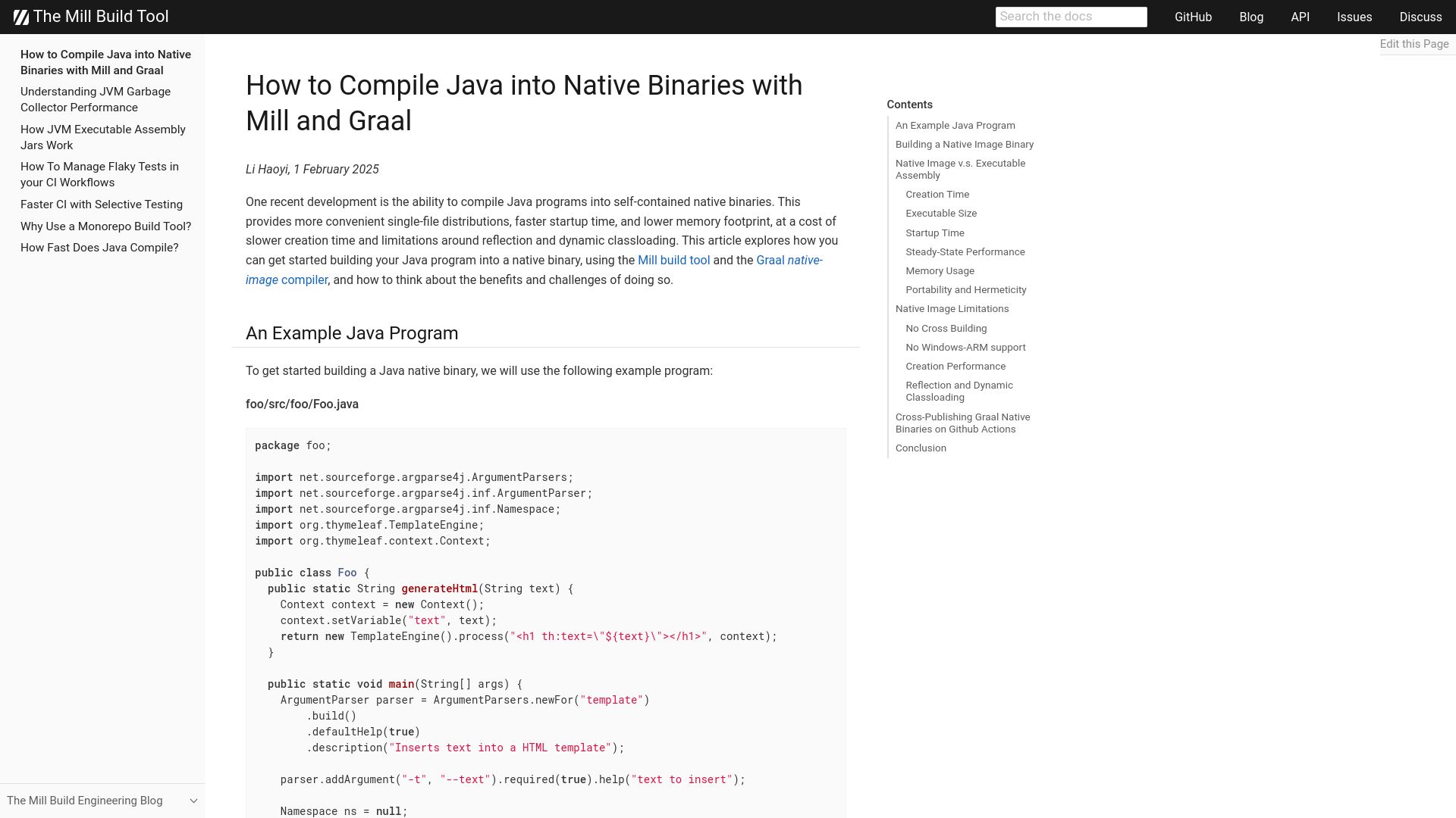 Screenshot of mill-build.org: Compiling Java into native binaries with Graal and Mill