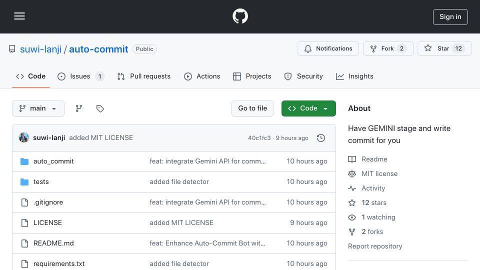 Screenshot of github.com: Have Gemini stage and write commit messages for you