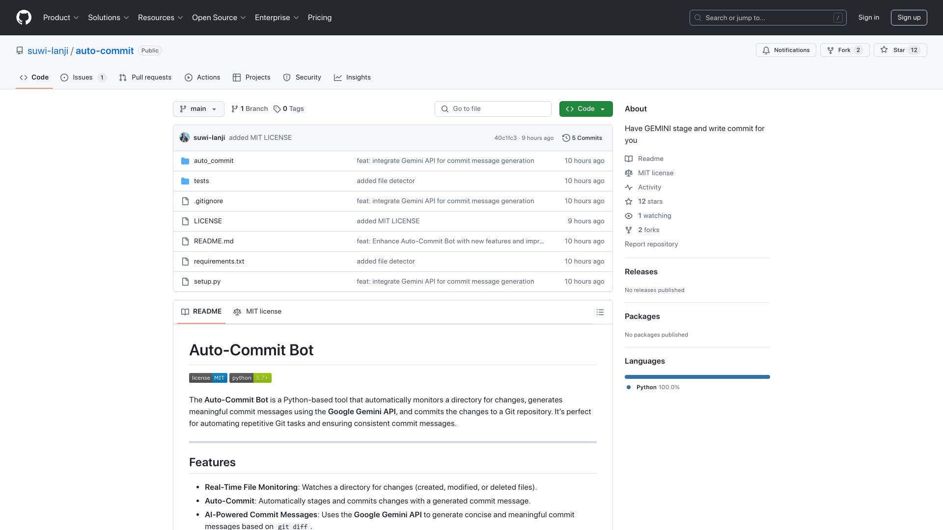 Screenshot of github.com: Have Gemini stage and write commit messages for you