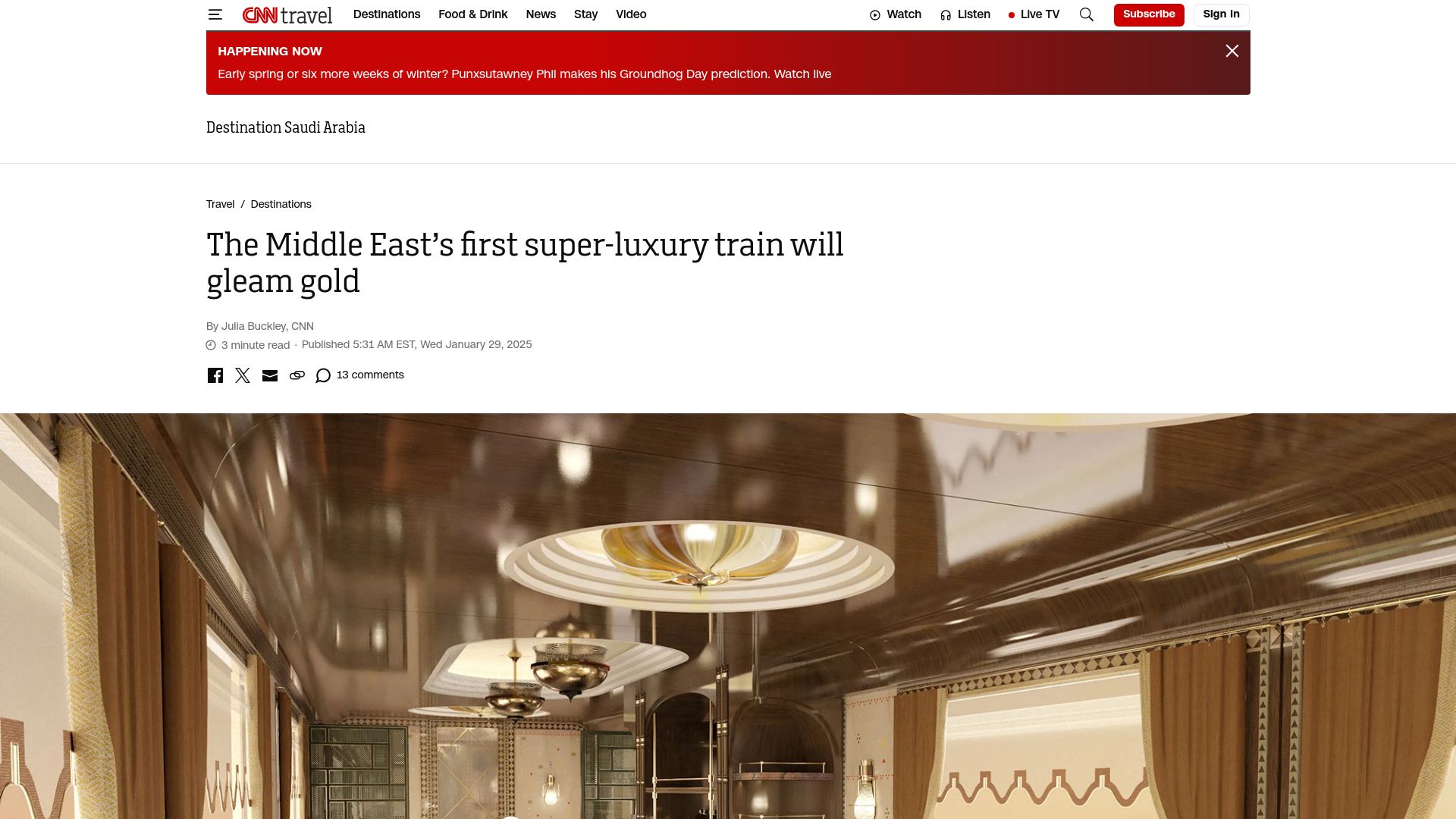 Screenshot of cnn.com: The Middle East's first super-luxury train will gleam gold
