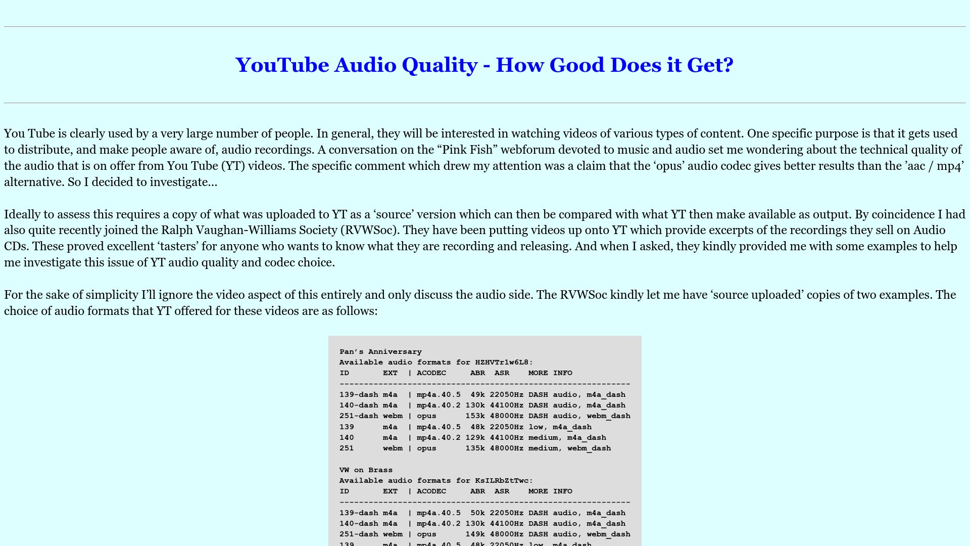 Screenshot of audiomisc.co.uk: YouTube audio quality – How good does it get? (2022)