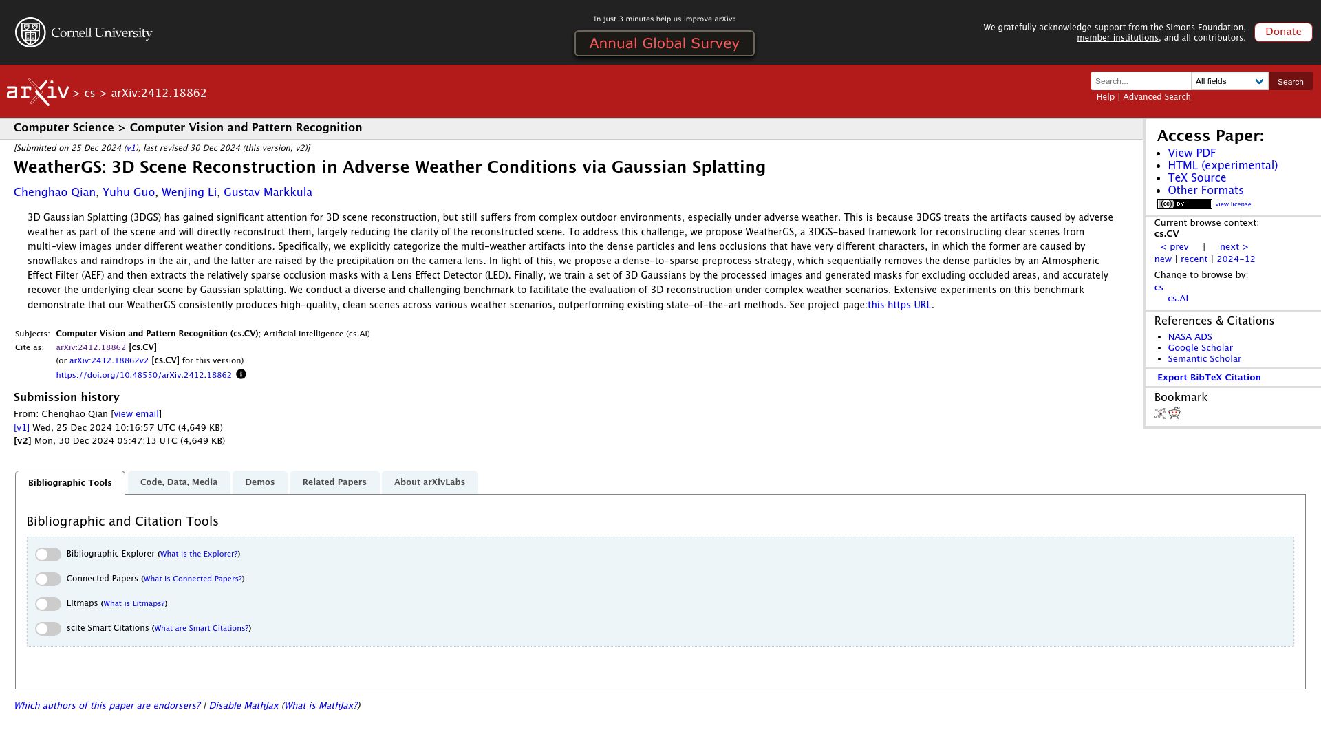 Screenshot of arxiv.org: 3D scene reconstruction in adverse weather conditions via Gaussian splatting