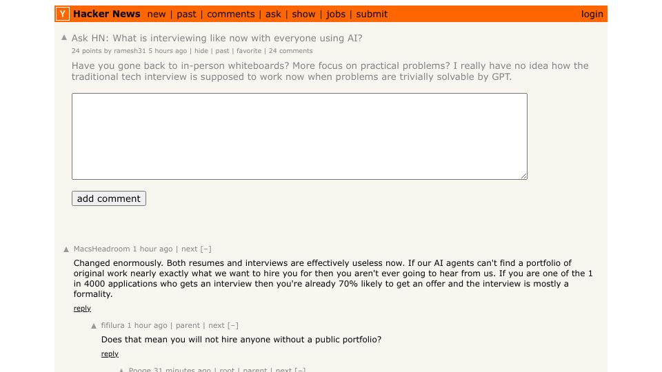 Screenshot of Hacker News post: Ask HN: What is interviewing like now with everyone using AI?