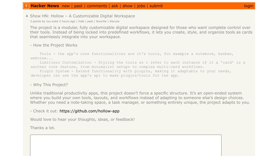 Screenshot of Hacker News post: Show HN: Hollow – A Customizable Digital Workspace
