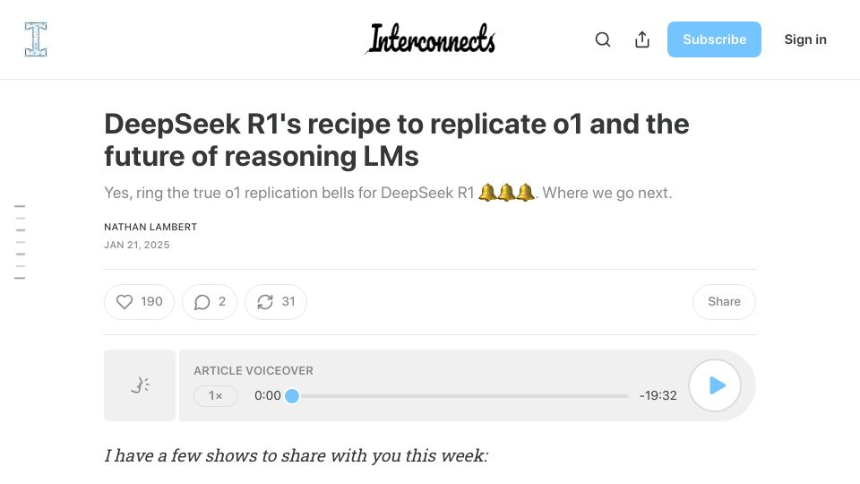 Screenshot of interconnects.ai: DeepSeek R1's recipe to replicate o1 and the future of reasoning LMs