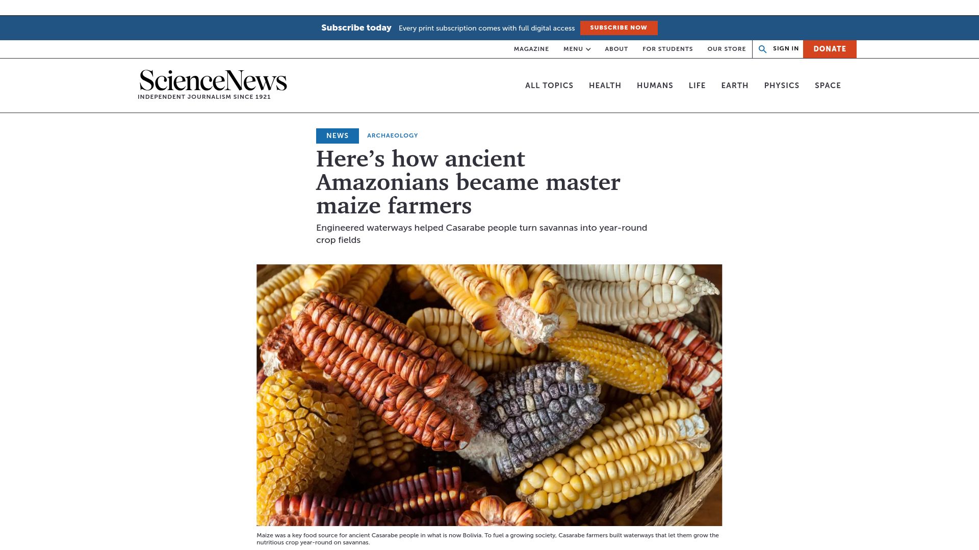 Screenshot of sciencenews.org: Engineered waterways helped Ancient Amazonians became master maize farmers