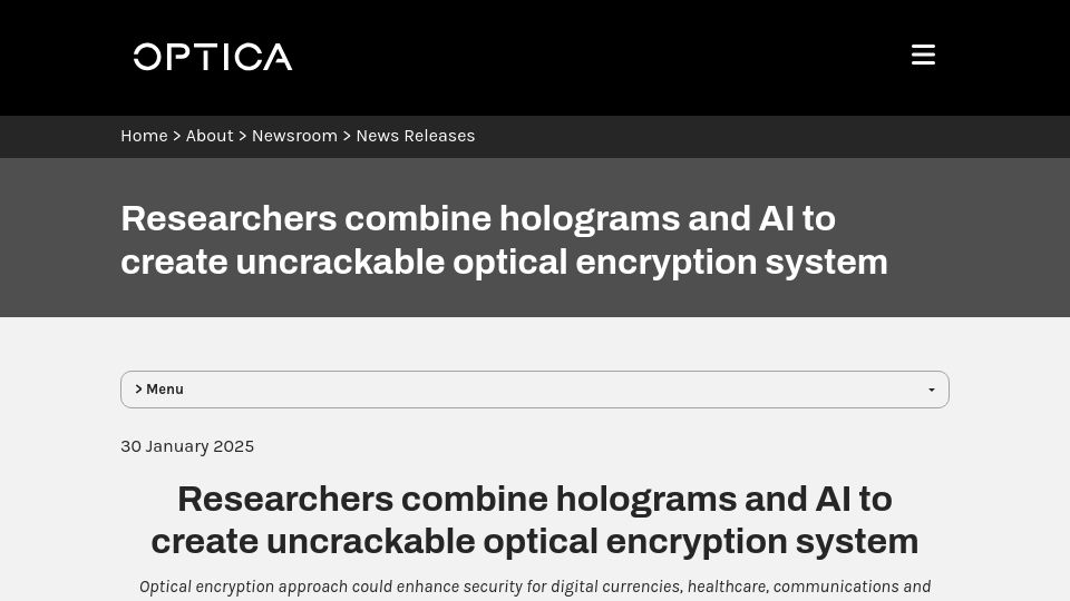 Screenshot of optica.org: Researchers combine holograms and AI to create uncrackable optical encryption