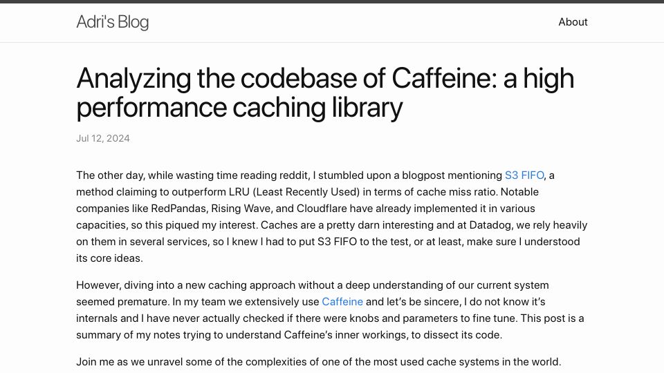 Screenshot of adriacabeza.github.io: Analyzing the codebase of Caffeine, a high performance caching library
