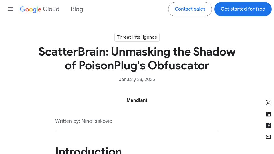 Screenshot of cloud.google.com: ScatterBrain: Unmasking the shadow of PoisonPlug's obfuscator
