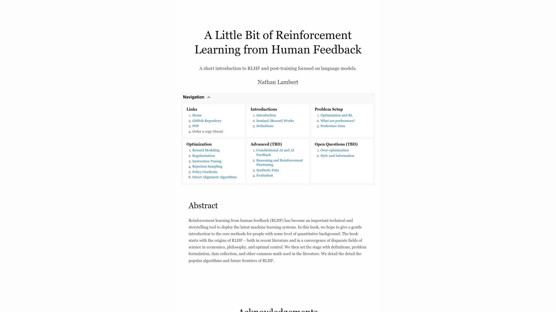 Screenshot of rlhfbook.com: RLHF Book