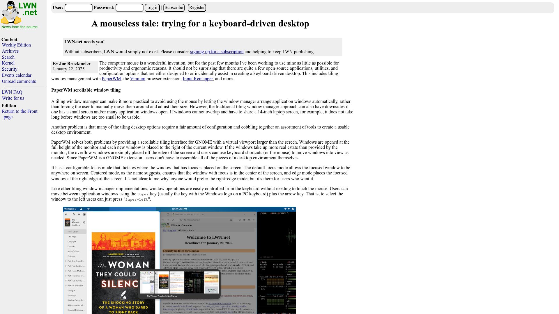Screenshot of lwn.net: A mouseless tale: trying for a keyboard-driven desktop