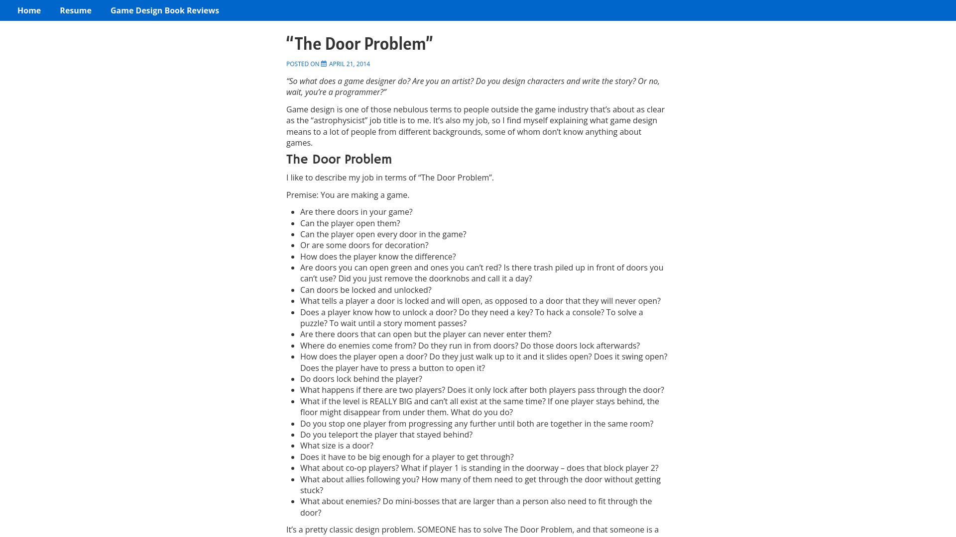 Screenshot of lizengland.com: The Door Problem (2014)
