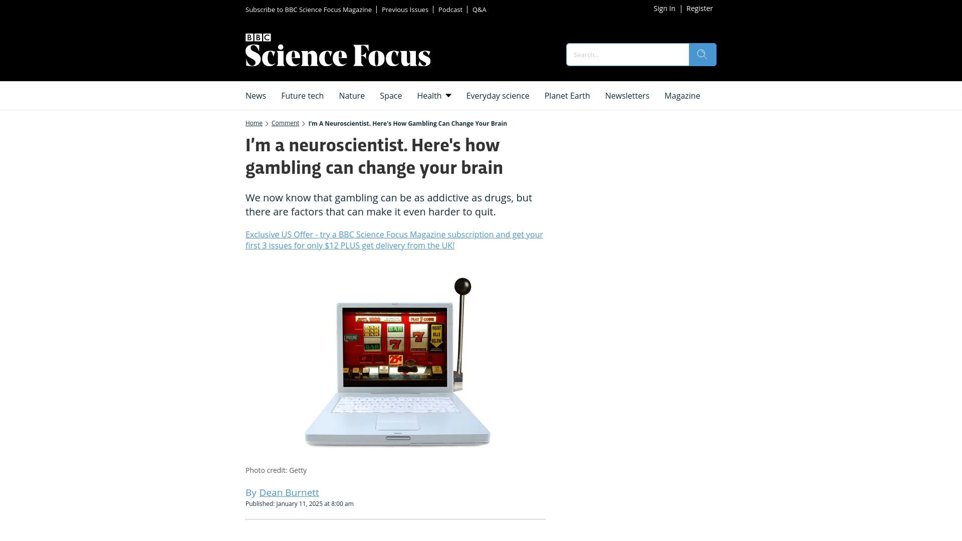 Screenshot of sciencefocus.com: I'm a neuroscientist. Here's how gambling can change your brain