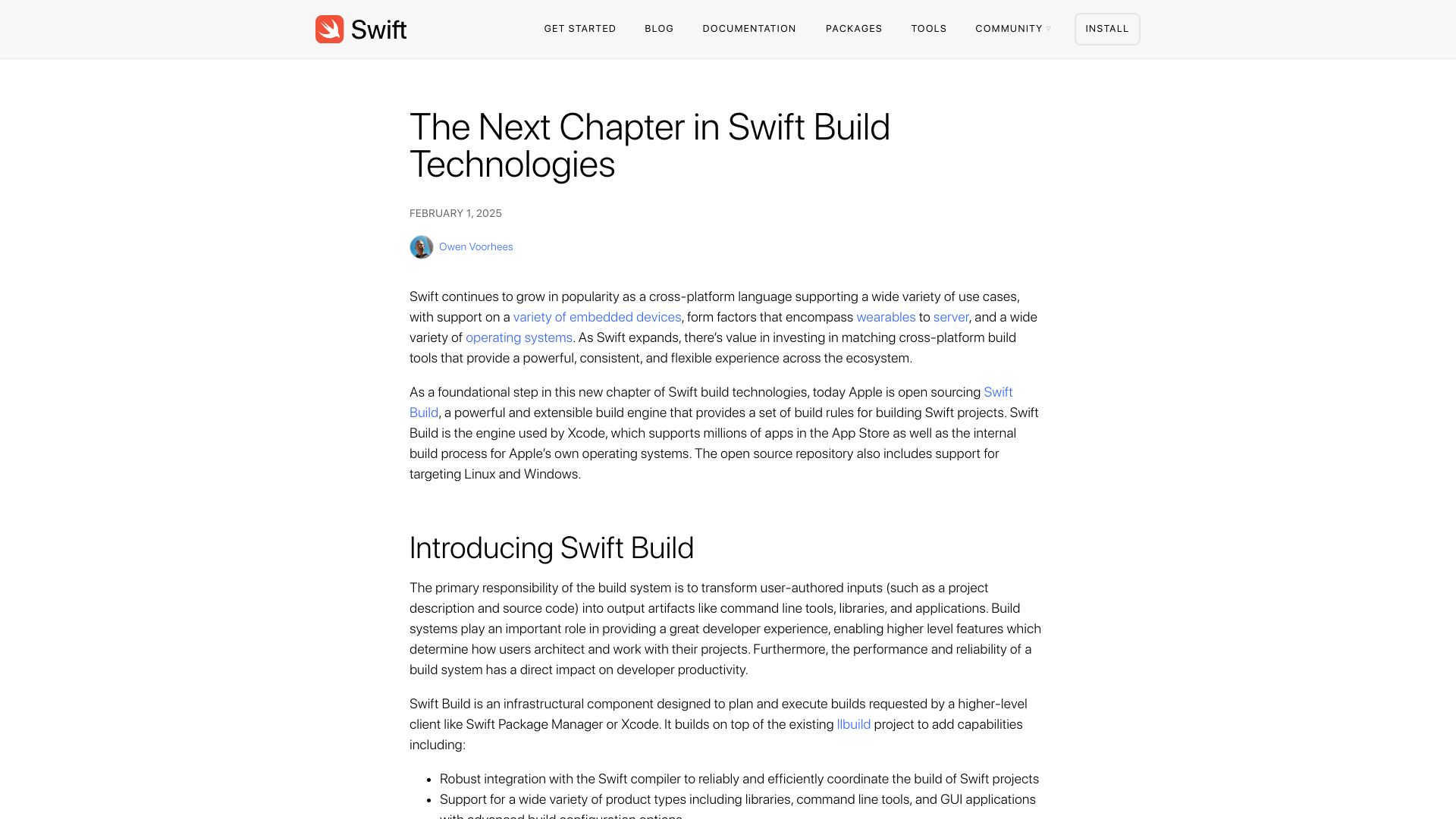 Screenshot of swift.org: Apple is open sourcing Swift Build