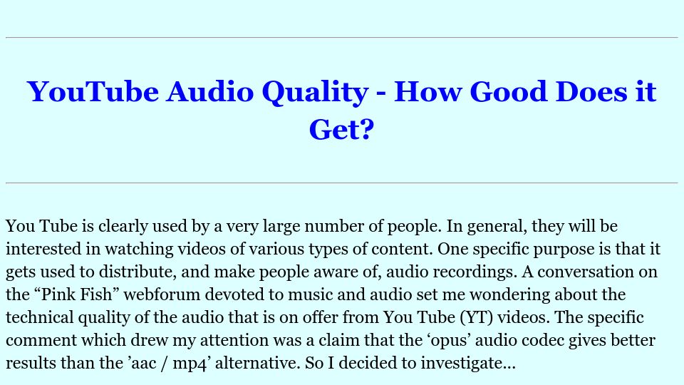 Screenshot of audiomisc.co.uk: YouTube audio quality – How good does it get? (2022)