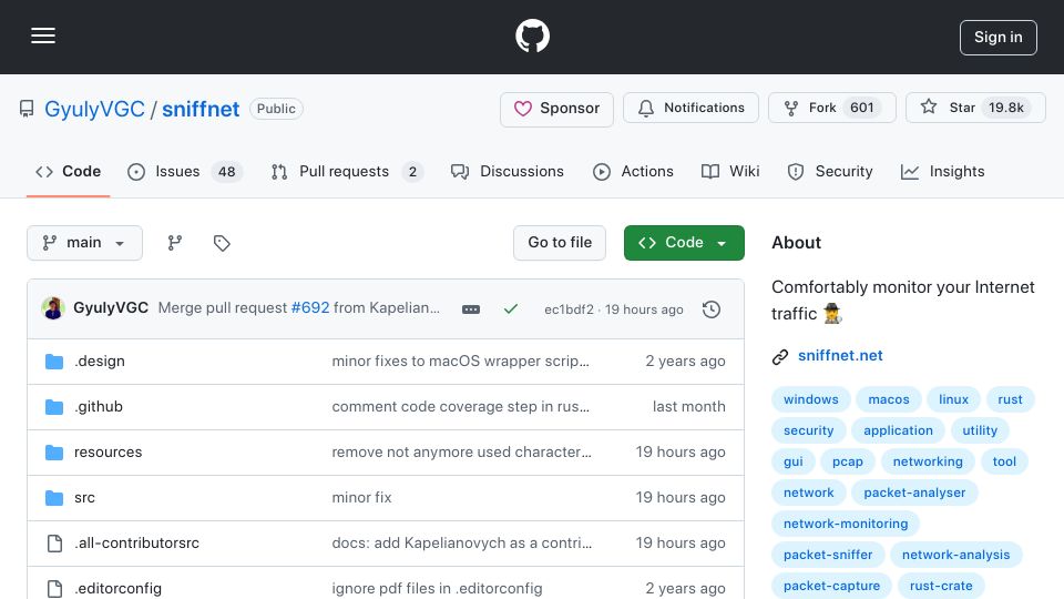 Screenshot of github.com: Sniffnet – monitor your Internet traffic