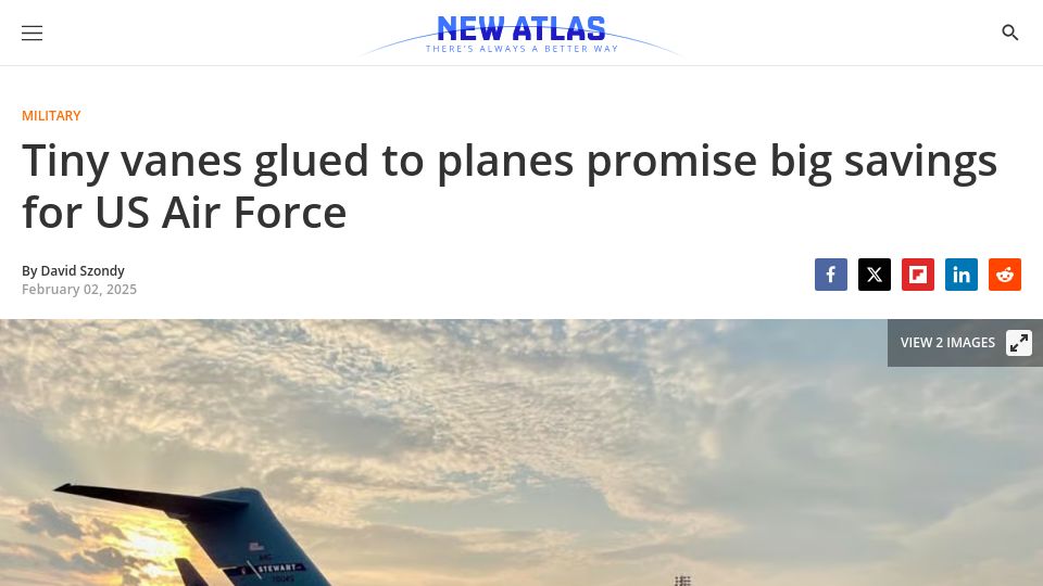Screenshot of newatlas.com: Tiny vanes glued to planes promise big savings for US Air Force