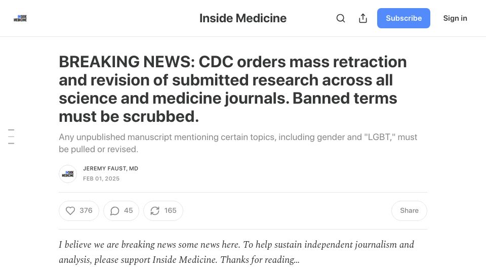 Screenshot of insidemedicine.substack.com: CDC orders mass retraction and revision of submitted research