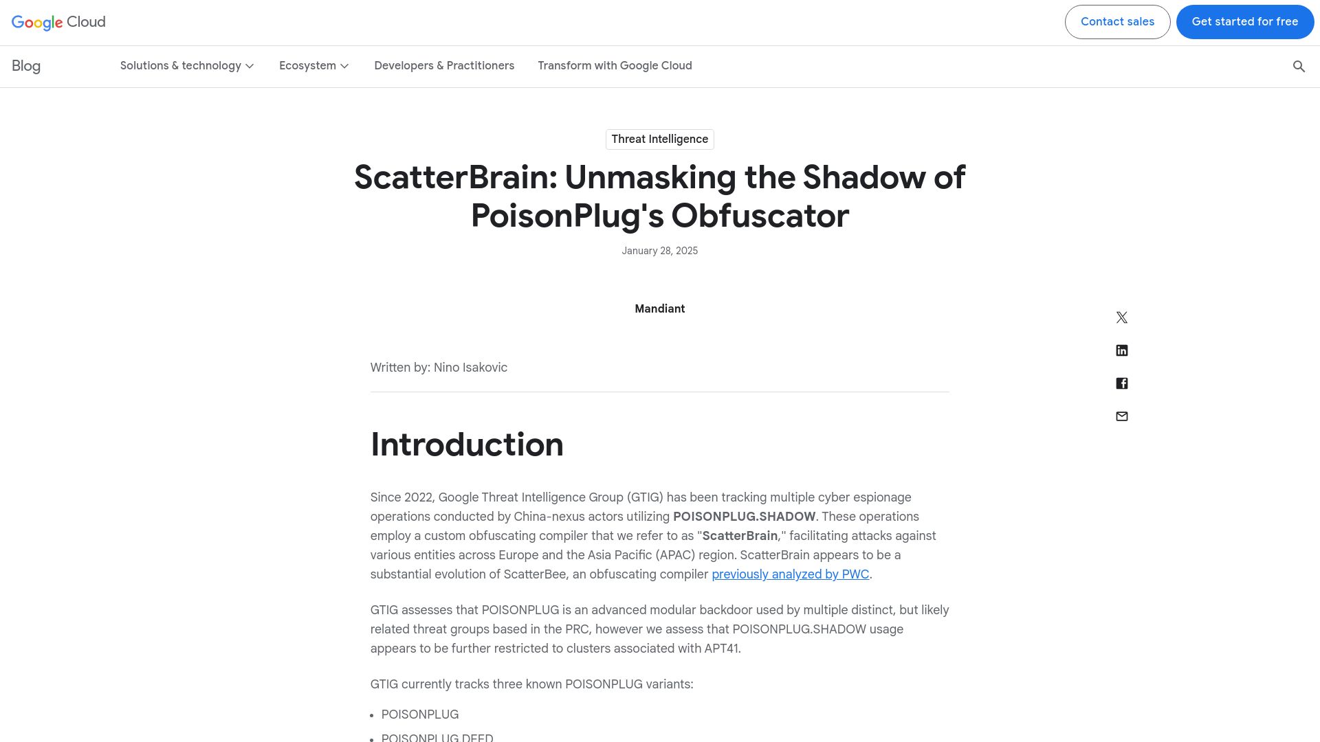Screenshot of cloud.google.com: ScatterBrain: Unmasking the shadow of PoisonPlug's obfuscator
