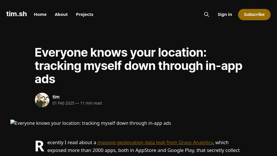 Screenshot of timsh.org: Everyone knows your location: tracking myself down through in-app ads