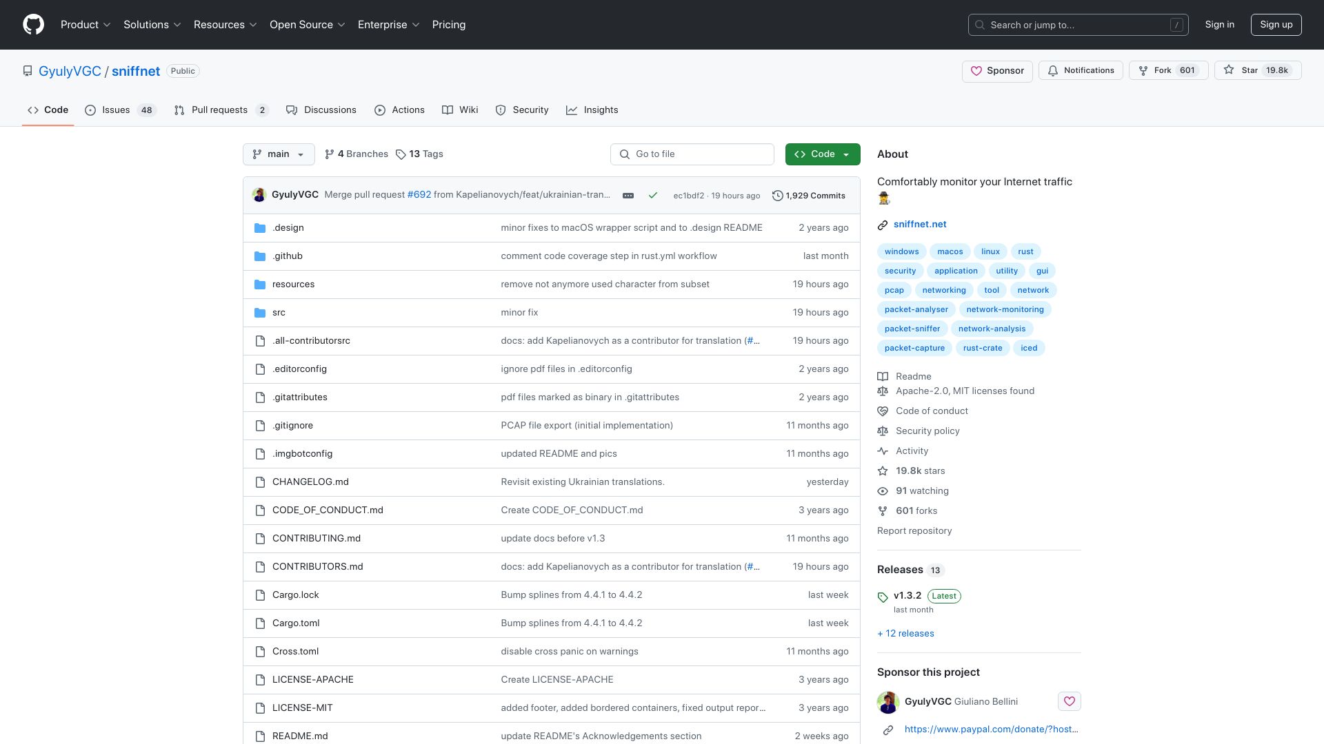 Screenshot of github.com: Sniffnet – monitor your Internet traffic