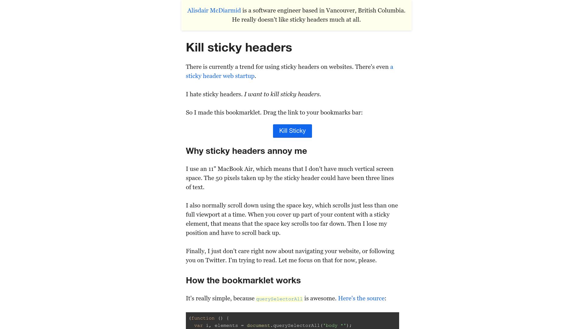 Screenshot of alisdair.mcdiarmid.org: A bookmarklet to kill sticky headers (2013)