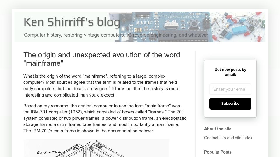 Screenshot of righto.com: The origin and unexpected evolution of the word "mainframe"