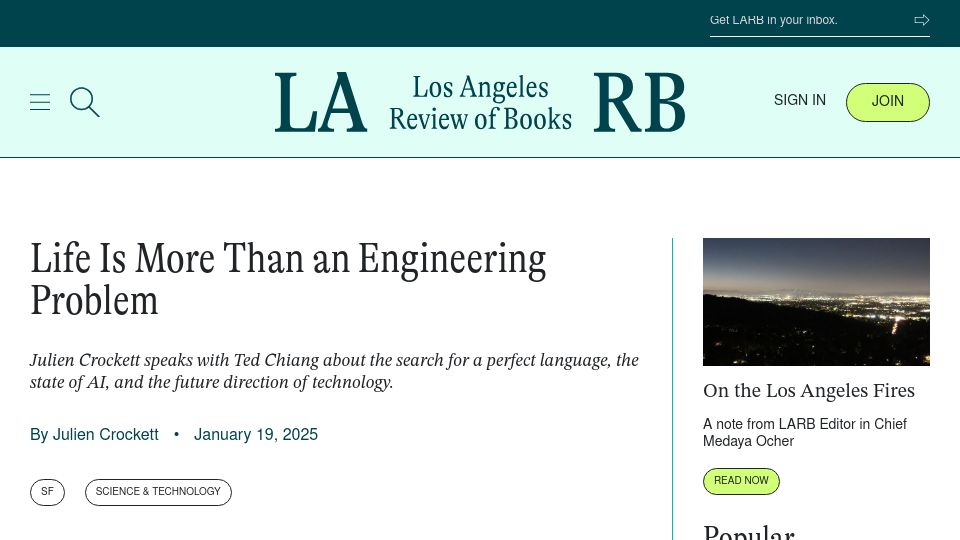 Screenshot of lareviewofbooks.org: Life is more than an engineering problem