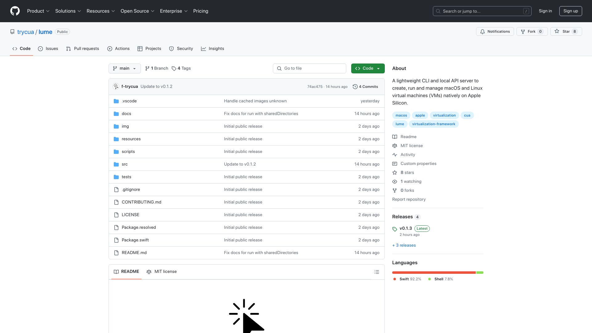 Screenshot of github.com: Show HN: Lume – OS lightweight CLI for MacOS and Linux VMs on Apple Silicon