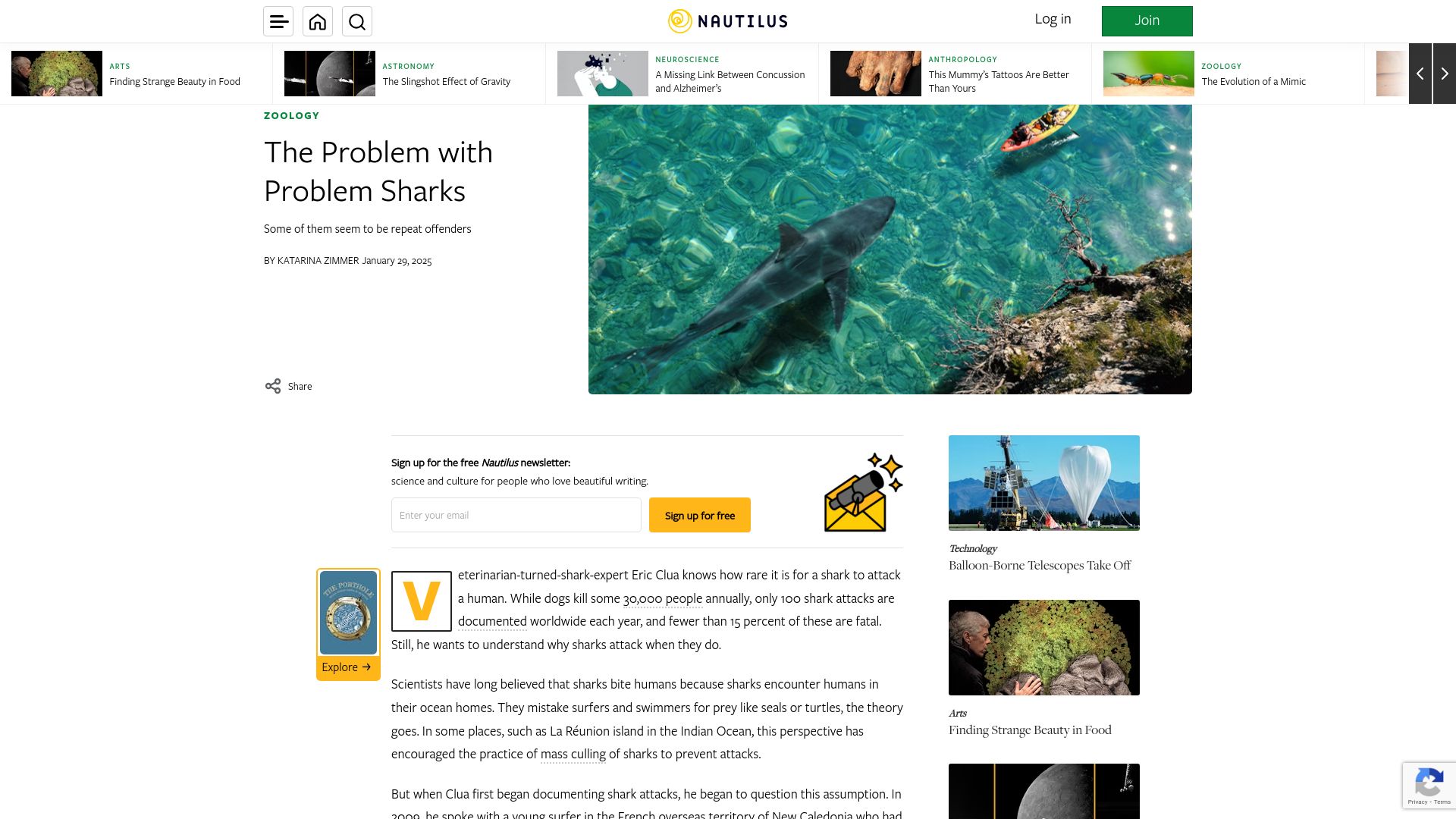 Screenshot of nautil.us: Repeat offenders may be responsible for many shark attacks