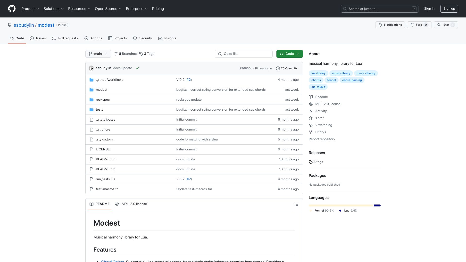 Screenshot of github.com: Show HN: Modest – musical harmony library for Lua
