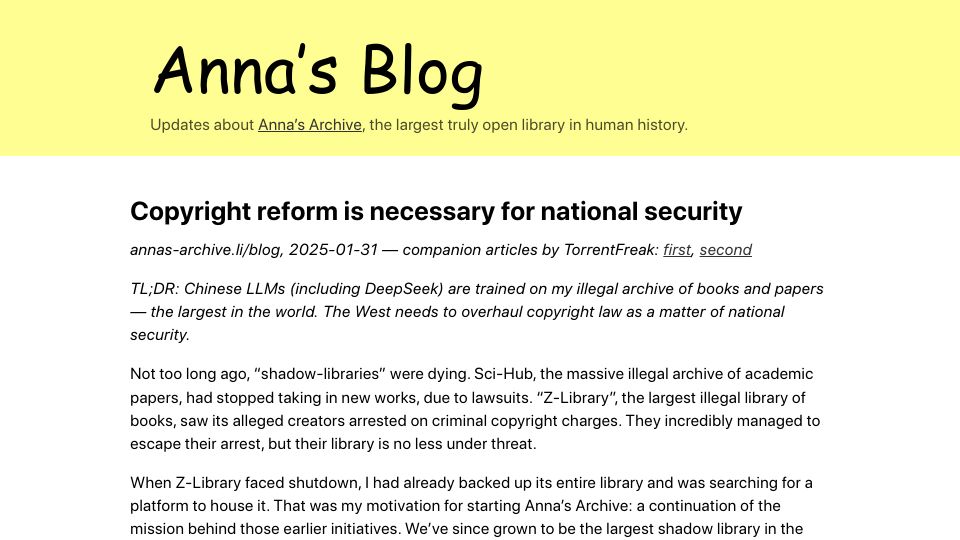 Screenshot of annas-archive.org: Copyright reform is necessary for national security