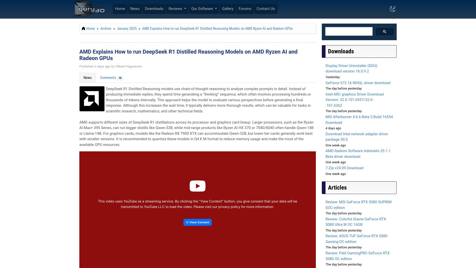 Screenshot of guru3d.com: How to Run DeepSeek R1 Distilled Reasoning Models on RyzenAI and Radeon GPUs
