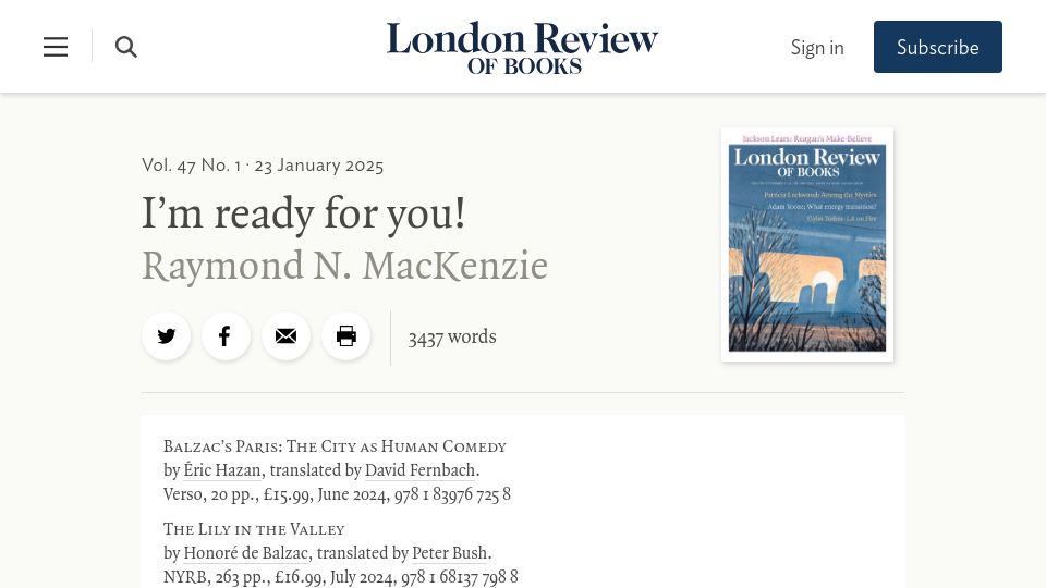 Screenshot of lrb.co.uk: I'm Ready for You: On Balzac