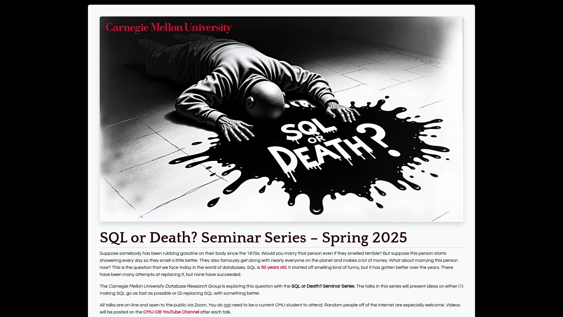 Screenshot of db.cs.cmu.edu: SQL or Death? Seminar Series – Spring 2025