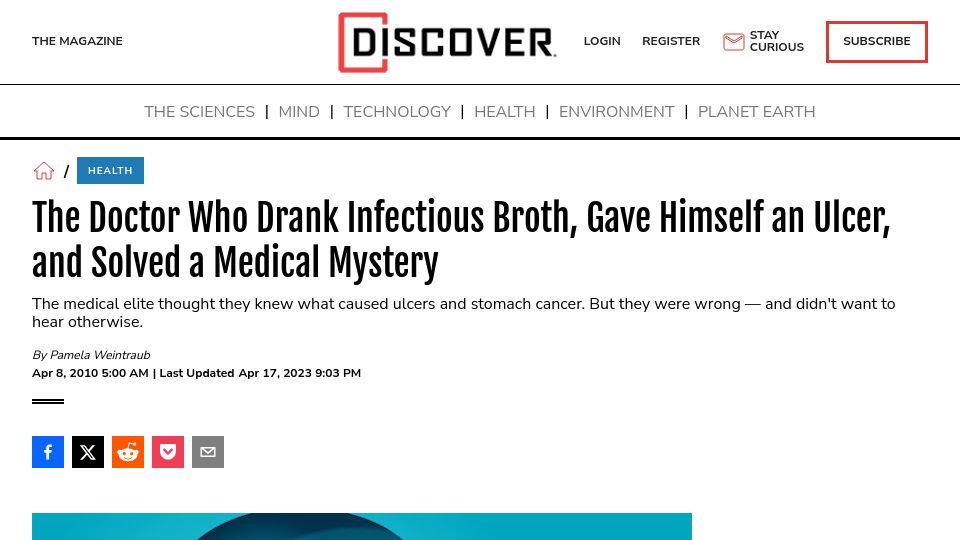 Screenshot of discovermagazine.com: The doctor who gave himself an ulcer and solved a medical mystery (2010)