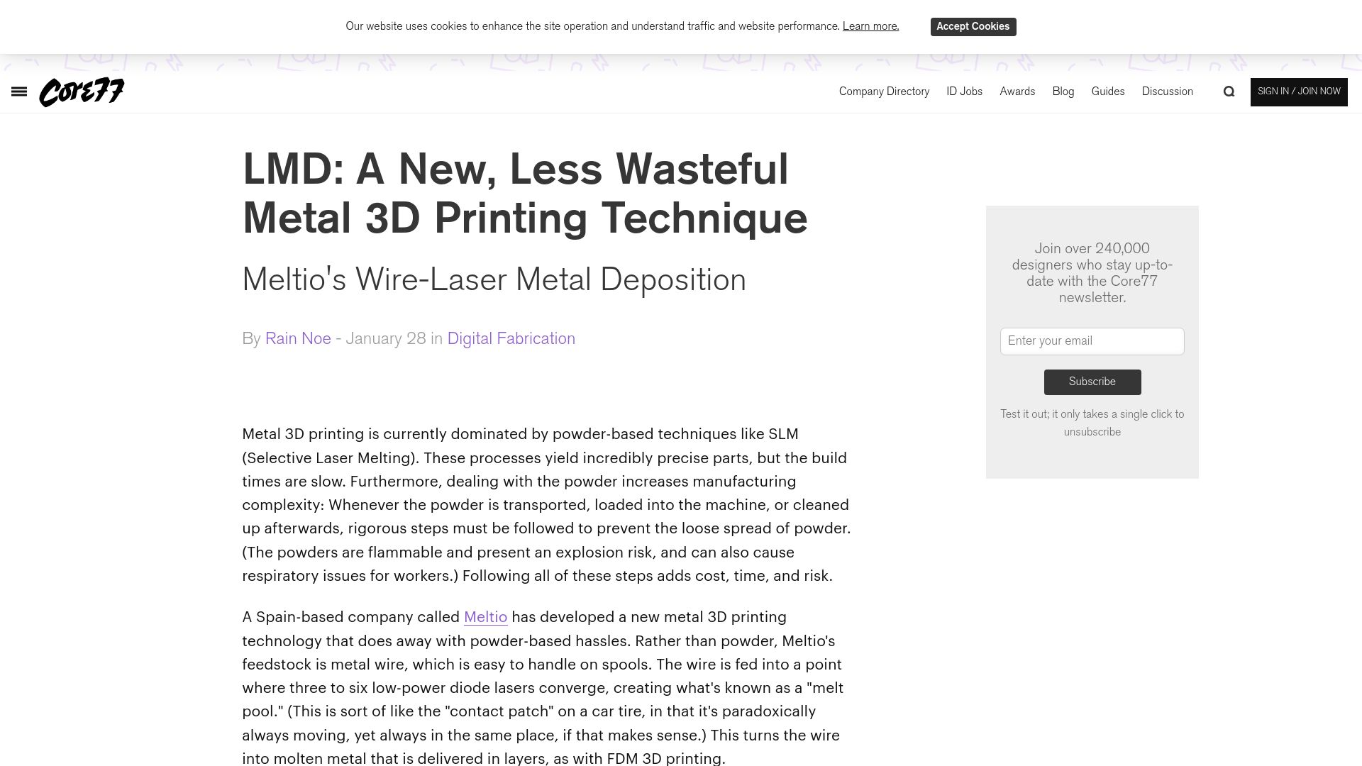 Screenshot of core77.com: LMD: A new, less wasteful metal 3D printing technique