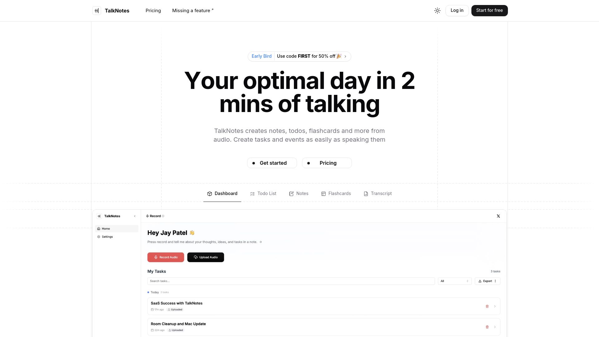 Screenshot of talknotes.tech: Show HN: TalkNotes – A site that turns your ideas into tasks