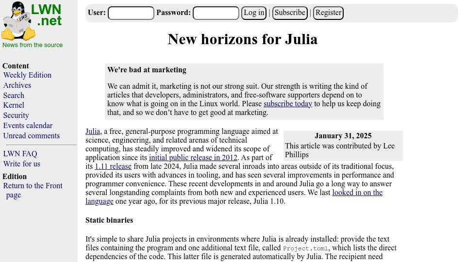 Screenshot of lwn.net: New horizons for Julia