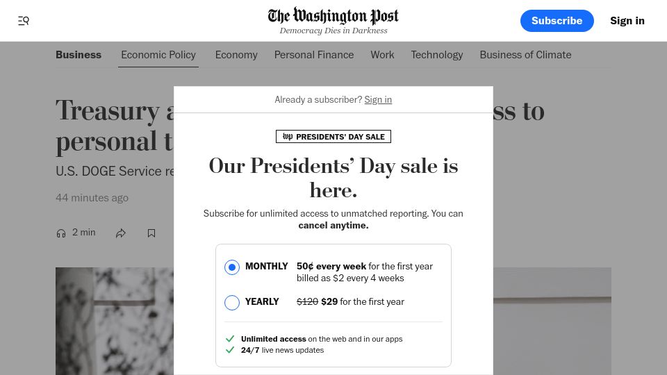 Screenshot of washingtonpost.com: Treasury agrees to block DOGE's access to personal taxpayer data at IRS