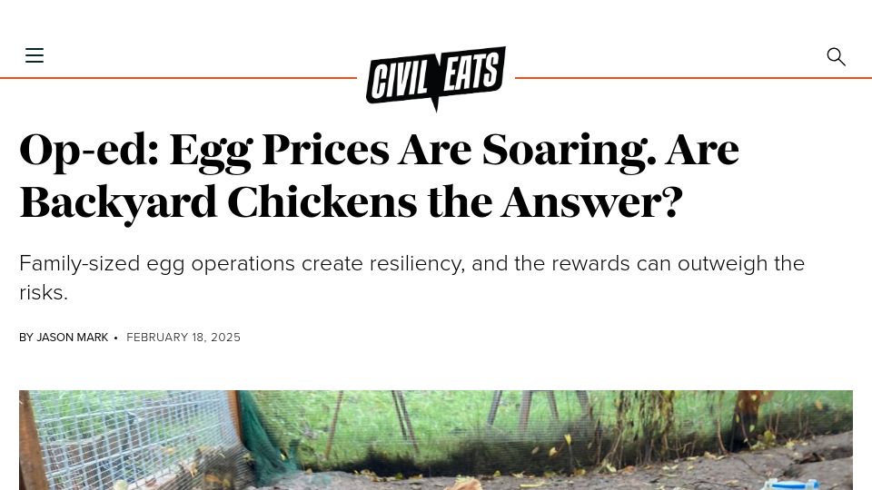 Screenshot of civileats.com: Egg prices are soaring. Are backyard chickens the answer?