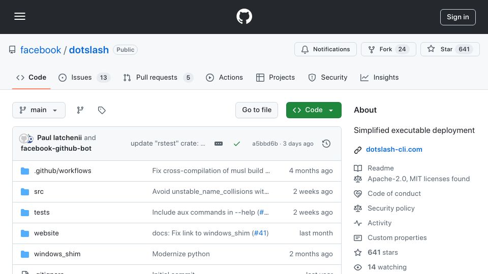 Screenshot of github.com: DotSlash: Simplified Executable Deployment