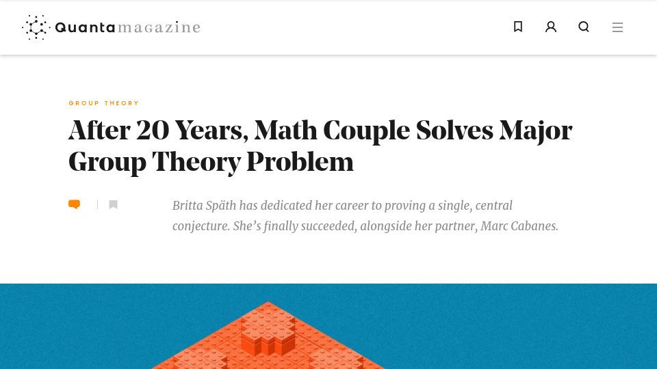 Screenshot of quantamagazine.org: After 20 years, math couple solves major group theory problem