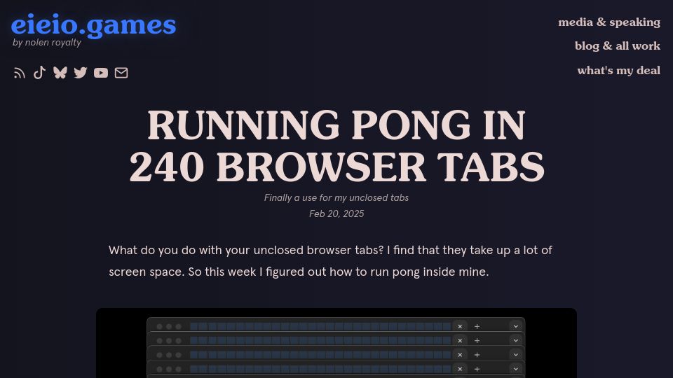Screenshot of eieio.games: Running Pong in 240 browser tabs