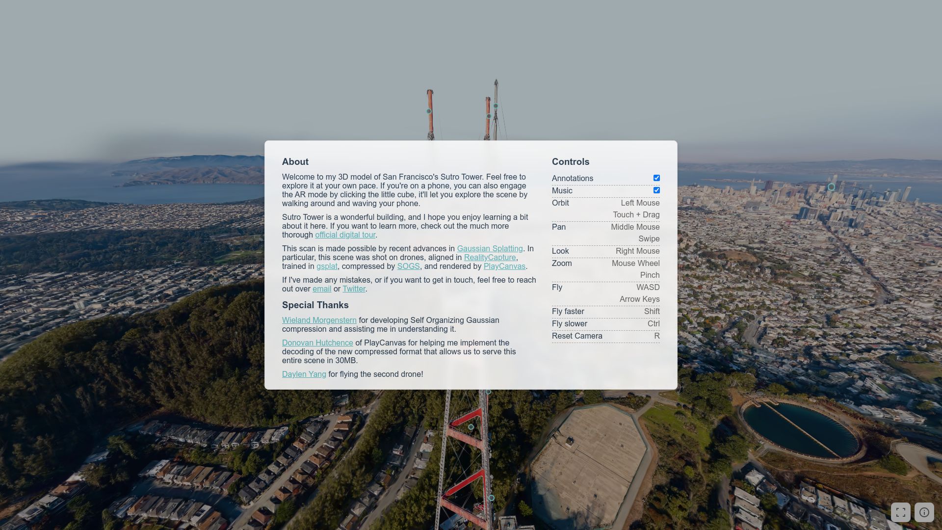 Screenshot of vincentwoo.com: Show HN: Immersive Gaussian Splat experience of Sutro Tower, San Francisco