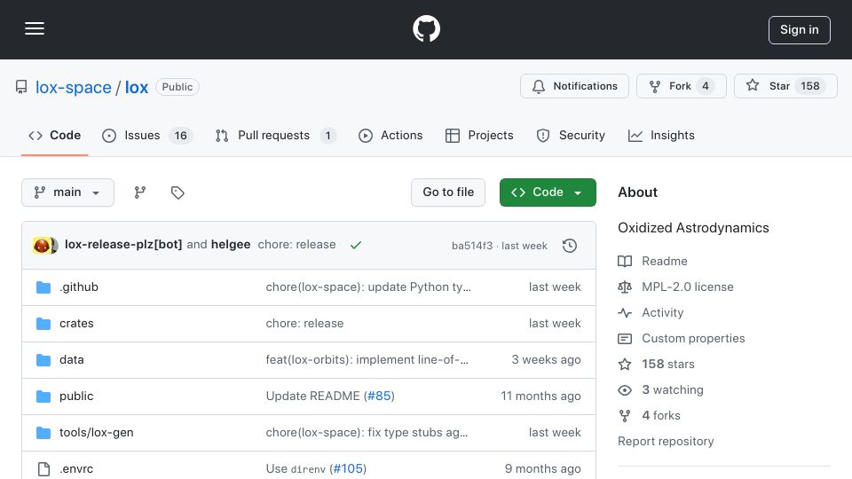 Screenshot of github.com: Lox – Oxidized Astrodynamics – A safe, ergonomic astrodynamics library