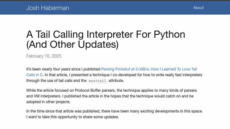 Screenshot of blog.reverberate.org: A tail calling interpreter for Python (already landed in CPython)