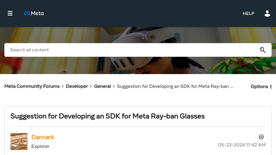 Screenshot of communityforums.atmeta.com: Requesting SDK for Meta Ray-Ban Smart Glasses for Visually Impaired Users