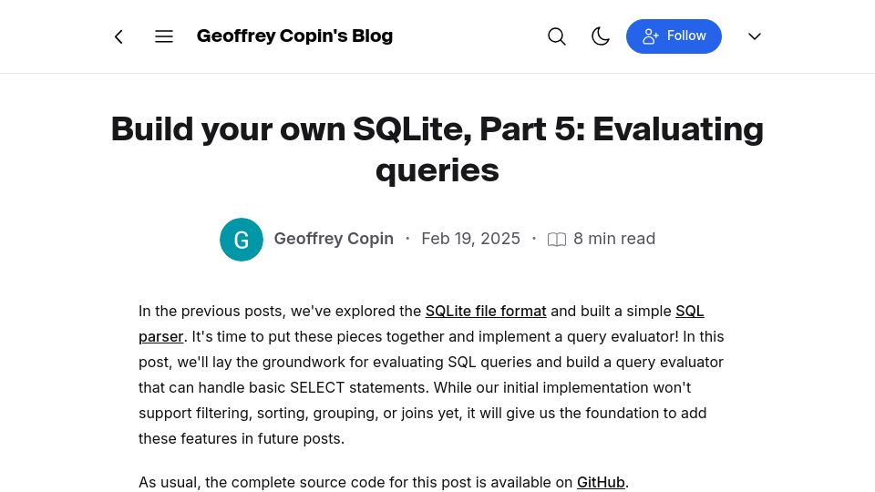 Screenshot of blog.sylver.dev: Build your own SQLite in Rust, Part 5: Evaluating queries