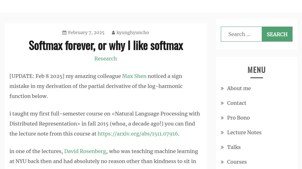 Screenshot of kyunghyuncho.me: Softmax forever, or why I like softmax